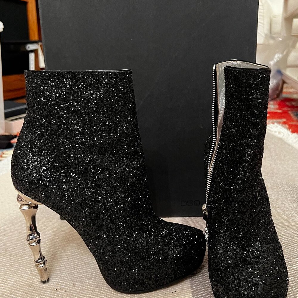 Dsquared2 Dark Black Metallic Shiny Sparkling Leather 5 Inch High Heel Shoes